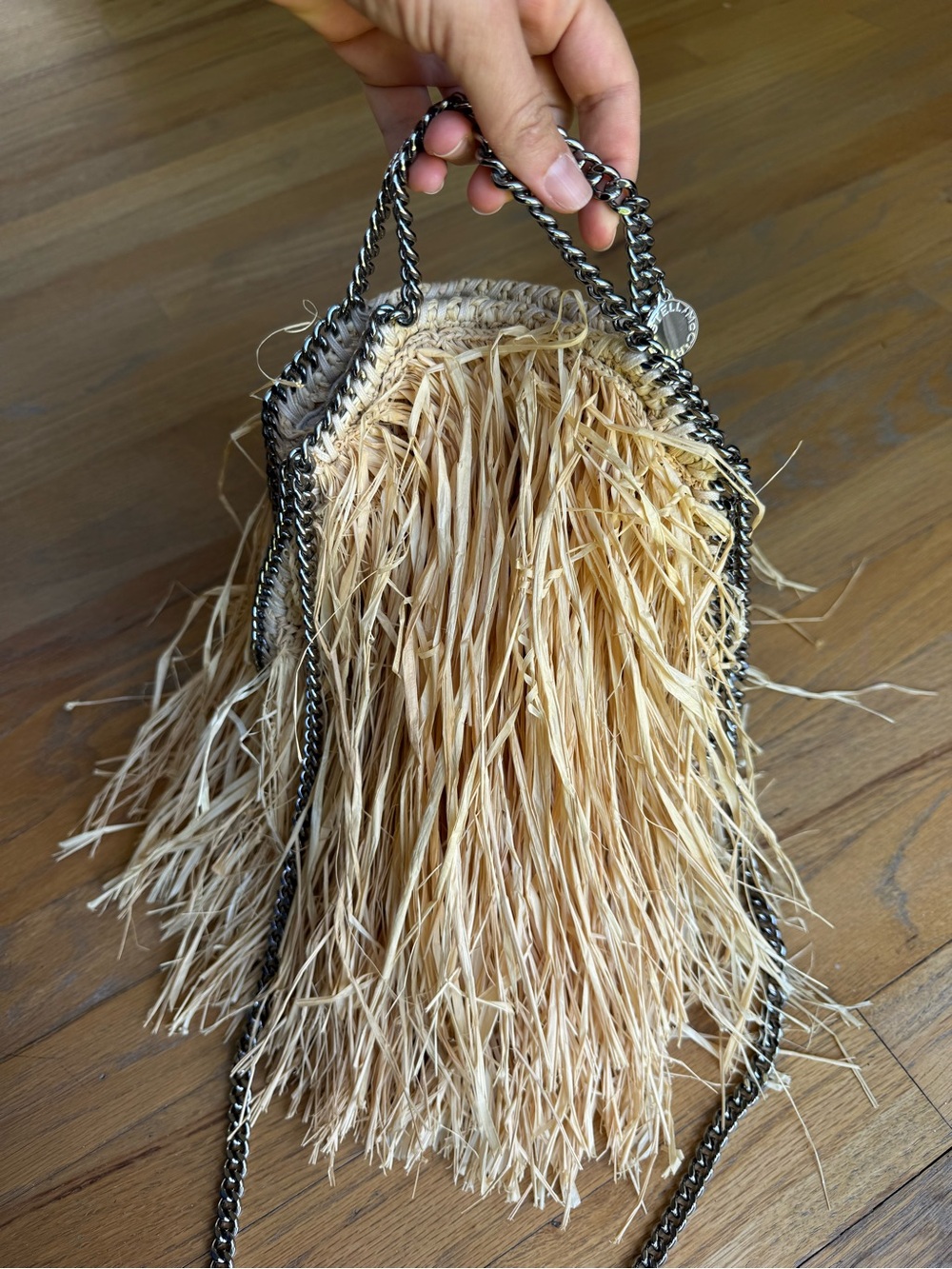 Stella McCartney Natural Raffia Crossbody with Silver Chain Trim